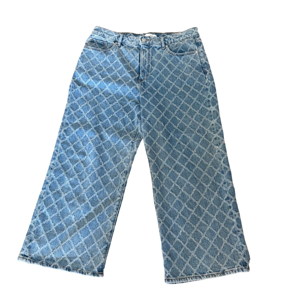 LOFT Wide Leg Crop Jeans 31/12P Blue Diamond Trellis Pattern Light Wash Denim